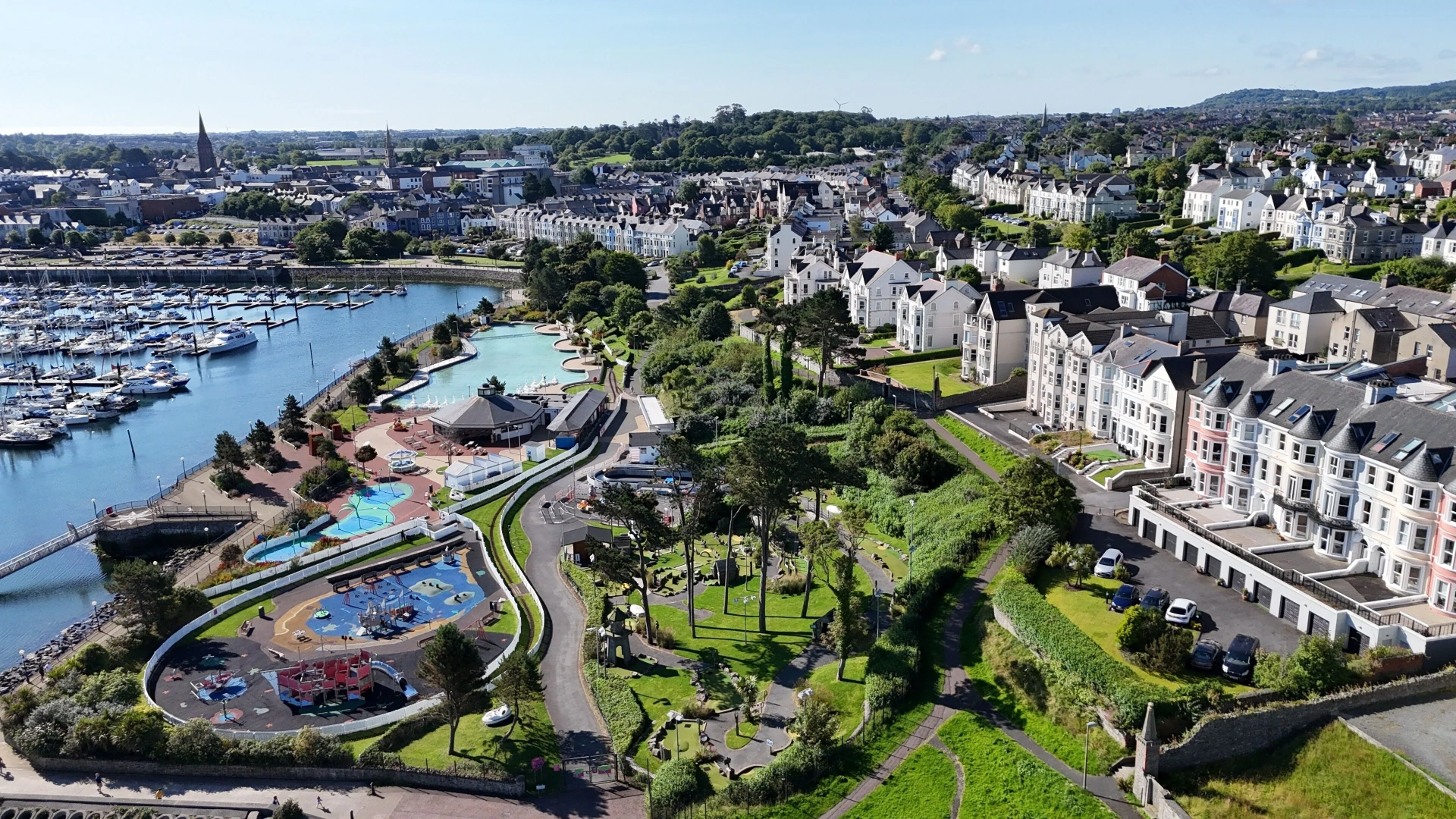 Aerial view of Bangor seafront and marina