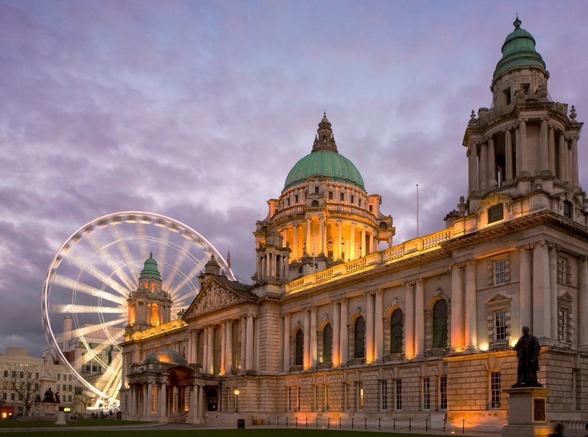 Belfast City Hall and the Belfast Eye at dusk