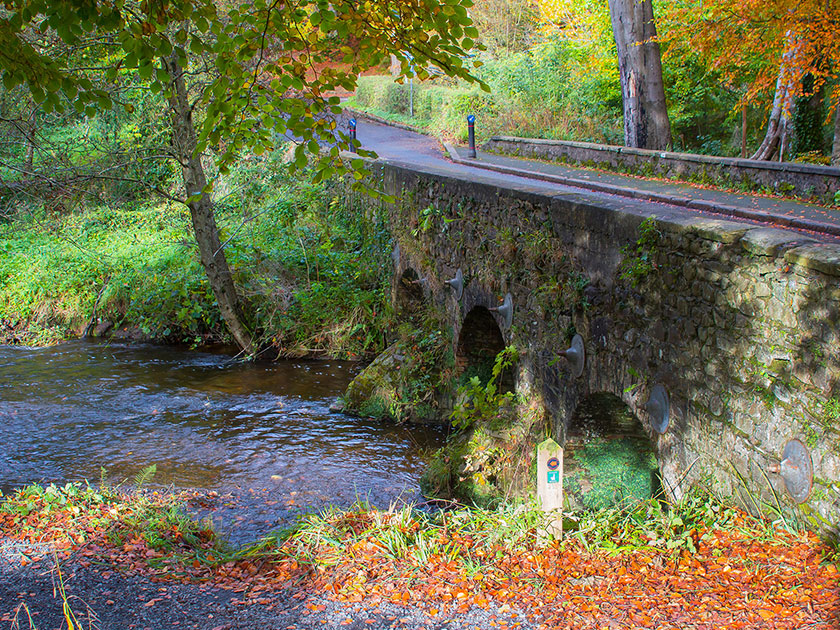 Stone bridge over a stream at Minnowburn, South Belfast in autumn